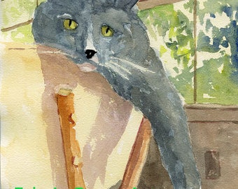 Grey Cat-Des Regrets. Original Watercolor. Matted 11x14 (8x10 image). Giclée Prints and Note Cards with Envelopes Available.