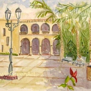 Santo Domingo Watercolor-Columbus' House. Acquerello 11 x 9 pollici su carta Arches 140CP. Stampa Giclée disponibile.