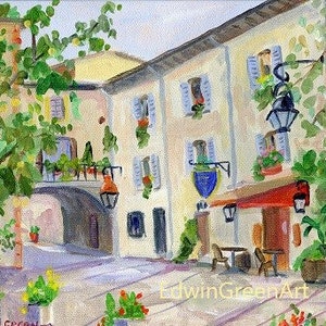 Provence Acrylic Painting-Vence, Place Clemenceau. 8x10 inches, Acrylic on Canvas. Framed or Unframed. Giclée Print Available. image 1