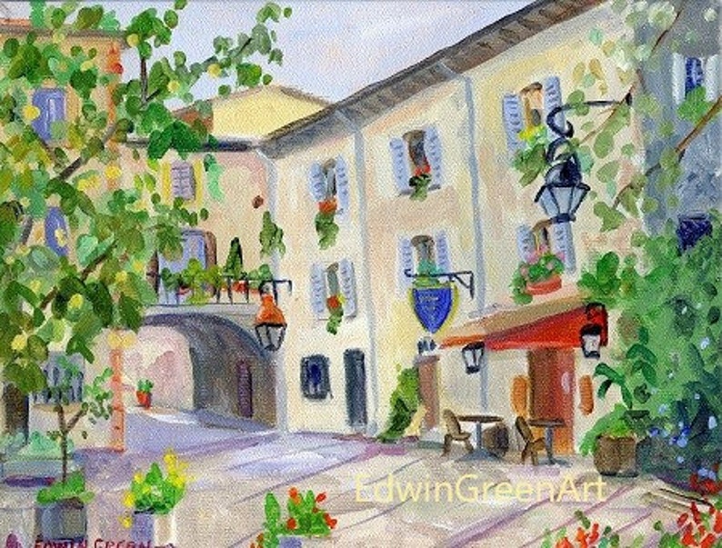 Provence Acrylic Painting-Vence, Place Clemenceau. 8x10 inches, Acrylic on Canvas. Framed or Unframed. Giclée Print Available. image 1