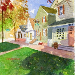 Williamsburg originele aquarel-Dubois kruidenier en Holt Storehouse. Gematteerd 11 x 14 op Arches 140-papier. Giclée-afdrukken en notitiekaarten beschikbaar