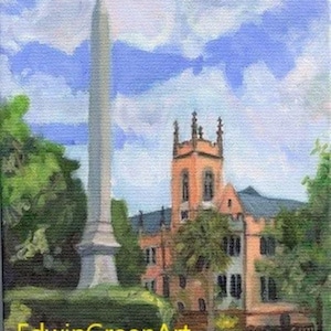 Columbia, SC Acrylic Painting-Gonzales Monument/Trinity Church. 8x10 on Canvas. Framed or Unframed. Giclée Prints Available.
