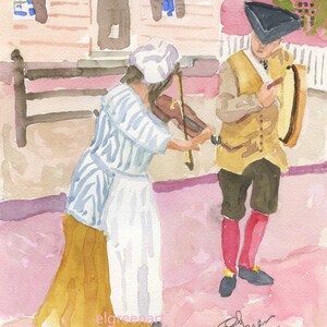 Colonial Williamsburg Original Watercolors-Fiddle e Bodhran. Con passepartout 11x14 (immagine 8x10) su carta Arches 140 CP. Stampe Giclée disponibili.