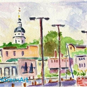 アナポリスオリジナル水彩画：エゴアレーから見たメリーランド州議会議事堂、マット仕上げ8x10