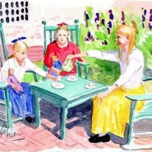 Acquerello originale-Tea Party. 10x7,25 pollici, carta Arches 140 CP. Senza cornice. Stampa giclée disponibile.