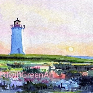 Martha's Vineyard originele aquarel-Edgartown-lamp. Gematteerd: 11 x 14 (afbeelding 8 x 10). Gicléeprints en notitiekaarten beschikbaar.