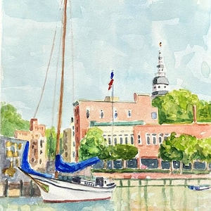 Skipjack in Ego Alley-Annapolis, Maryland. Van een originele waterverf. Gicléeprints en notitiekaarten beschikbaar.