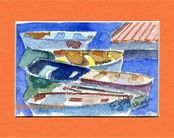 Maine Watercolors-Round Pond Dinghies. Matted 5x7 (4.5x3 image) on Arches 140 Paper.Framed.