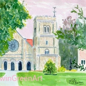 Vassar-The Chapel. Acquerello. Con passepartout 11x14 (immagine 8x10) su carta Arches 140 CP. Stampe Giclée disponibili.