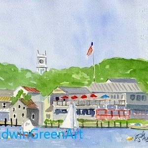 Originele aquarel van Martha's Vineyard. Gematteerd: 11 x 14 (afbeelding 8 x 10). Giclée-afdrukken en notitiekaarten met enveloppen beschikbaar.