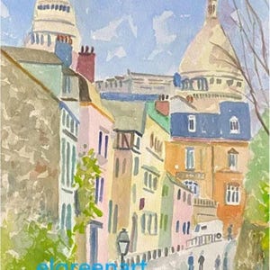 Paris Giclée Prints-Montmartre Street. 3 rozmiary (w oprawie) na papierze archiwalnym. Dostępne są kartki z kopertami.