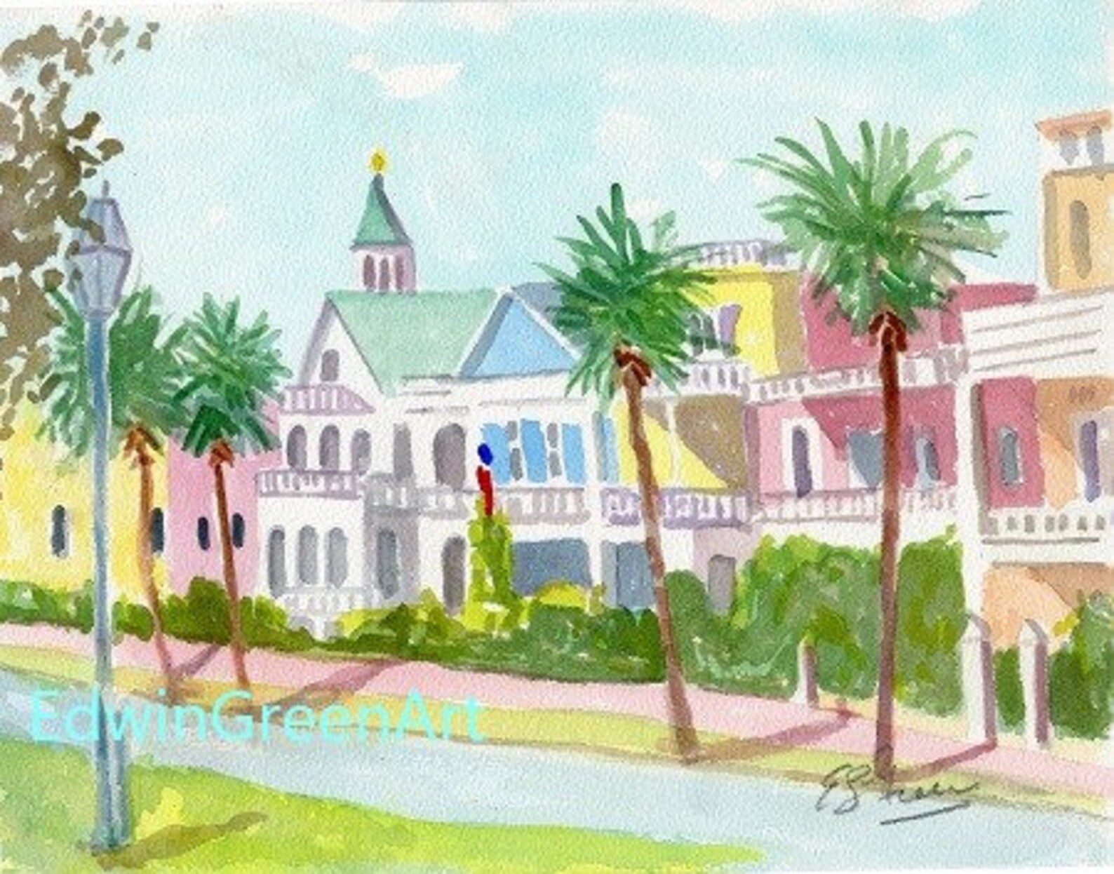 Charleston, SC Watercolor-south Battery. 11x14 Matted 8x10 Image