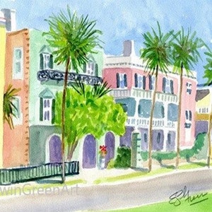 サウスカロライナ州チャールストンのオリジナル水彩画「イースト・バッテリー」。11x14インチのマット仕上げ（8x10インチ）。ジクレープリントもございます。