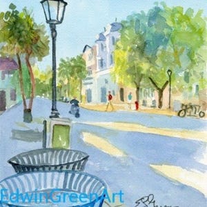 Aquarelle originale de Key West-Duval Street Morning.Matted 11 x 14 (image 8 x 10). Impressions giclées et cartes de correspondance avec enveloppes disponibles.