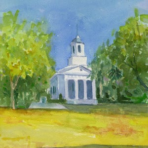 Acquerello di Edisto Island - Chiesa presbiteriana. Con passepartout 11x14 su carta Arches 140 CP. Stampe giclée disponibili.