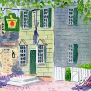 Colonial Williamsburg Watercolor-Apothecary. Con passepartout 8x10 (immagine 6x8). Carta Arches 140 CP. Senza cornice. Stampa Giclée disponibile.