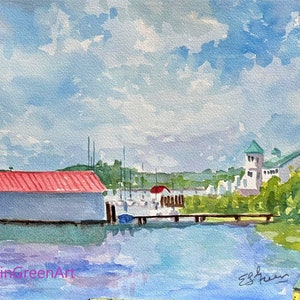 Marina di Chesapeake Bay Acquerello-Urbanna. Originale 16x12 opaco su carta Arches 140 CP. Stampe Giclée disponibili.