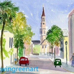 Charleston, SC Acquerello-North su Church Street. 5x7 su carta Arches 140 CP. Stampa Giclée disponibile.