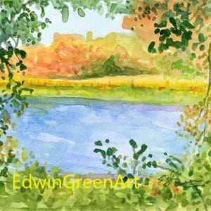 Originele aquarel-tekenzaadzonnebloemen bij Fenton Mill Pond. Gematteerd: 11 x 14 (afbeelding 8 x 10). Gicléeprints en notitiekaarten beschikbaar.
