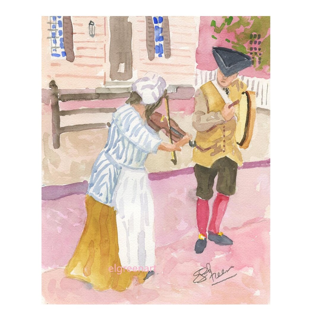 Colonial Williamsburg Original Watercolor: Fiddle and Bodhran, Matted ...