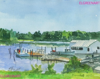 May include: Watercolor painting of a coastal scene with boats docked at a pier. The artwork features a white building, lush green trees, and the text "ELGREENART" in pink. The water reflects the sky and surrounding landscape.