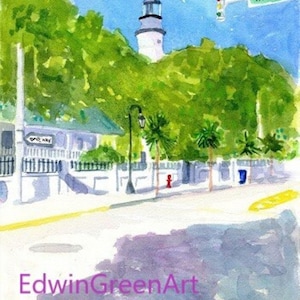 Key West originele aquarel-vuurtoren. Gematteerd: 11 x 14 (afbeelding 8 x 10). Gicléeprints en notitiekaarten beschikbaar..