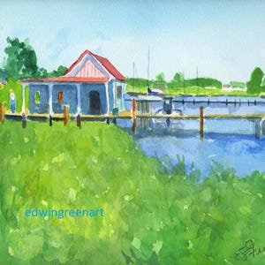 Acquerello originale-Crab Shack-St. Michael, nel Maryland. 11x14 su carta Arches 140 CP. Stampe Giclée disponibili.