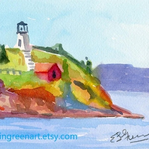 Maine Watercolors. Owl's Head Light. Acquerello originale 8x10 (5x7) su carta Arches 140 CP. Stampe Giclée disponibili.