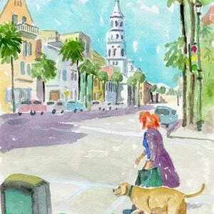 Charleston, SC Acquerello originale - Chiesa a Broad. Con passepartout 11x14 (immagine 8x10) su carta Arches 140 CP.