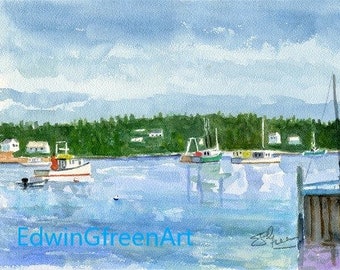 Maine Watercolor-Port Clyde Work Boats. Matted 11x14 (8x10 image). Giclée Prints and Note Cards with Envelopes Available.