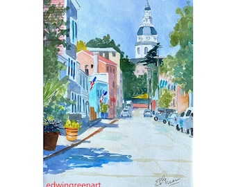 Annapolis Watercolor-Maryland State House. Matted 12x16 Original Watercolor. Giclée Prints Available.