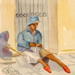 Santo Domingo Acquerello-La Costurera Mendicante. Acquerello 5 x 5 pollici su carta Arches 140CP. Senza cornice.