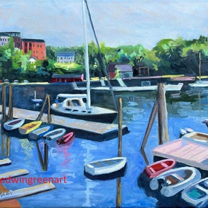 Maine olieverfschilderij-Rockport Harbor. 24 x 18 olieverf op doek. Ingelijst of ingelijst. Gicléeprint en notitiekaarten beschikbaar.