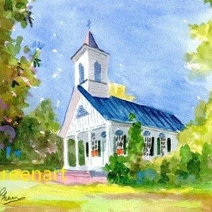 Edisto Island aquarel-bisschoppelijke kerk. Gematteerd 11 x 14 (afbeelding 8 x 10) op Arches CP-papier. Gicléeprint en notitiekaarten beschikbaar.
