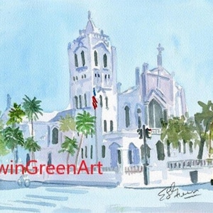 Acquarello Key West - Chiesa episcopale di St. Paul. Con passepartout 11x14 (immagine 8x10) su carta Arches 140 CP.