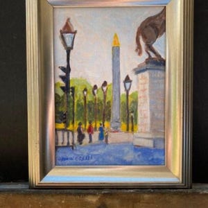 Paris Original Acrylic Painting-Place de la Concorde Obelisk. 5x7 inches, acrylic on canvas panel. Framed.