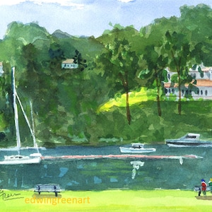 Rockport Maine Harbor-ochtend. Aquarel. Gematteerd: 11 x 14 (afbeelding 8 x 10). Gicléeprints en notitiekaarten beschikbaar.