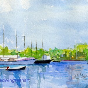 Schizzo originale ad acquerello del Maine - Camden Schooners. Con passepartout 8x10 (6,5x4,5) su carta Arches 140 CP.