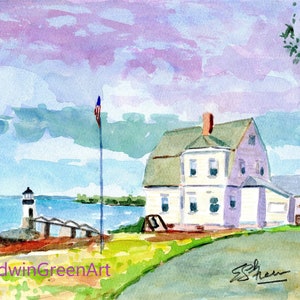 Maine Watercolor-Marshall Point Light (Port Clyde). Con passepartout 11x14 (immagine 8x10) su carta Arches 140 CP. Stampa Giclée disponibile.