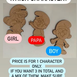 Pu&ograve; includere: Sagome di legno di personaggi dei cartoni animati, tra cui una ragazza, Pap&agrave; e un ragazzo. Il testo "WHICH CHARACTER?" &egrave; in alto. I testi "GIRL", "PAPA" e "BOY" sono su ovali colorati. Il testo "PRICE IS FOR 1 CHARACTER ONLY" &egrave; in basso.