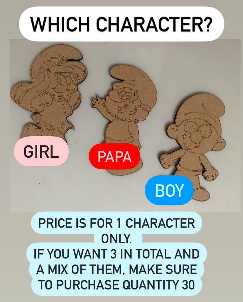 Pu&ograve; includere: Sagome di legno di personaggi dei cartoni animati, tra cui una ragazza, Pap&agrave; e un ragazzo. Il testo "WHICH CHARACTER?" &egrave; in alto. I testi "GIRL", "PAPA" e "BOY" sono su ovali colorati. Il testo "PRICE IS FOR 1 CHARACTER ONLY" &egrave; in basso.