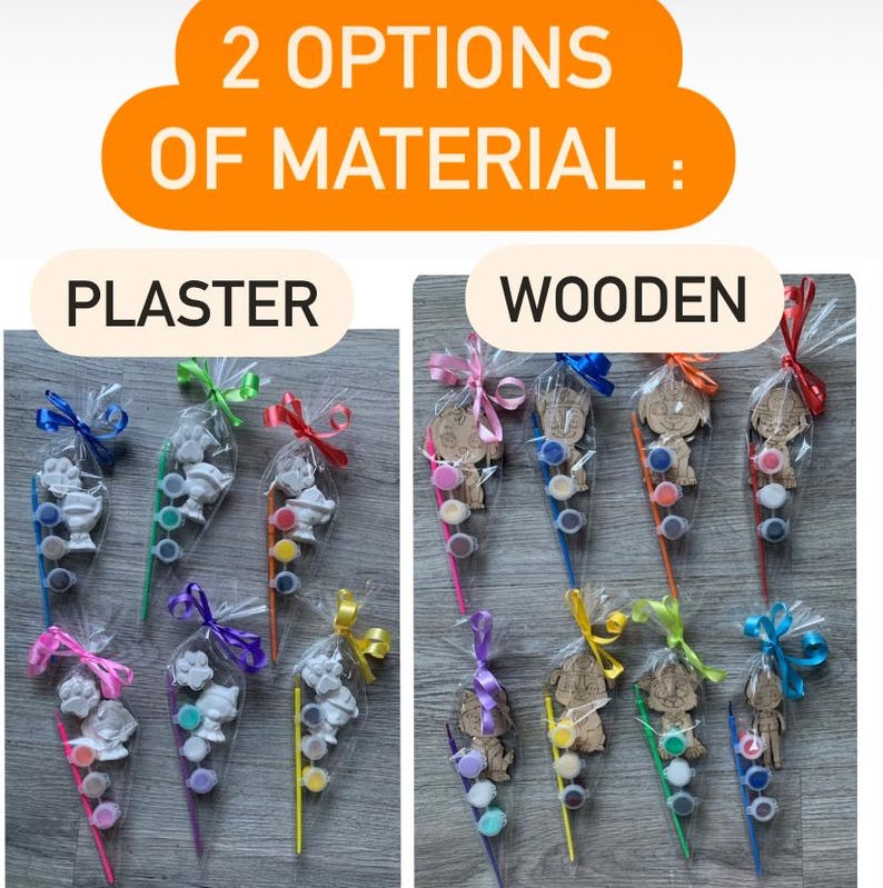 Pu&ograve; includere: Due opzioni di materiale per un kit di pittura fai-da-te. La prima opzione &egrave; in gesso e la seconda opzione &egrave; in legno. Ogni kit include una piccola figura, la vernice, un pennello e una borsa.