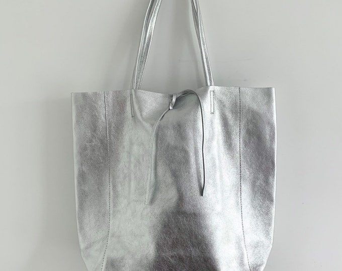 Silver Leather Tote Bag , Genuine Leather Bag, Silver Leather Tote