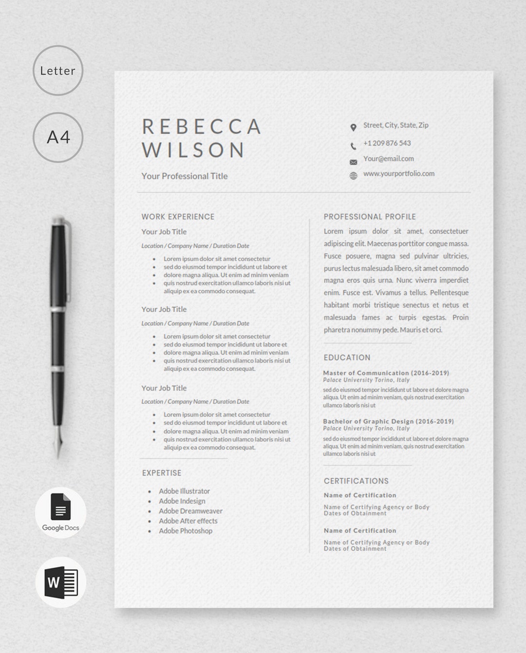 Resume Template Google Docs, Microsoft Word in Modern Minimalist ...