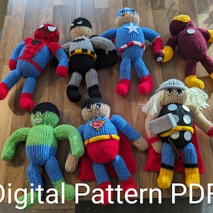 Digital Pattern 7 Super Heroes, 22 pin Knitting Machine Pattern, Super hero dolls, PDF pattern, bendy legs, Addi, Sentro