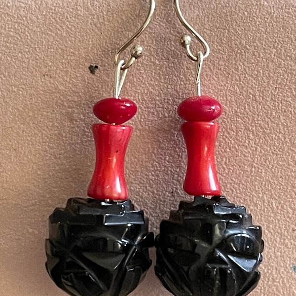 Whitby jet earrings Victorian beads with coral solid silver hooks handmade gift present