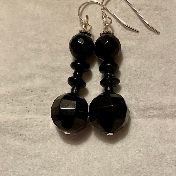 Whitby jet earrings faceted beads 925 solid silver hooks handmade earrings