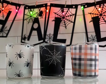 Halloween Party Votive Candle Wraps Table Decor Spooky Spider Web Plaid Orange Black White