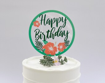 Tropical Hawaiian Floral Palm Hibiscus Happy Birthday Cake Topper Green Coral