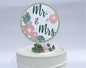 Tropical Hawaiian Floral Palm Wedding Cake Topper Mr. & Mrs. Hibiscus Pink Green